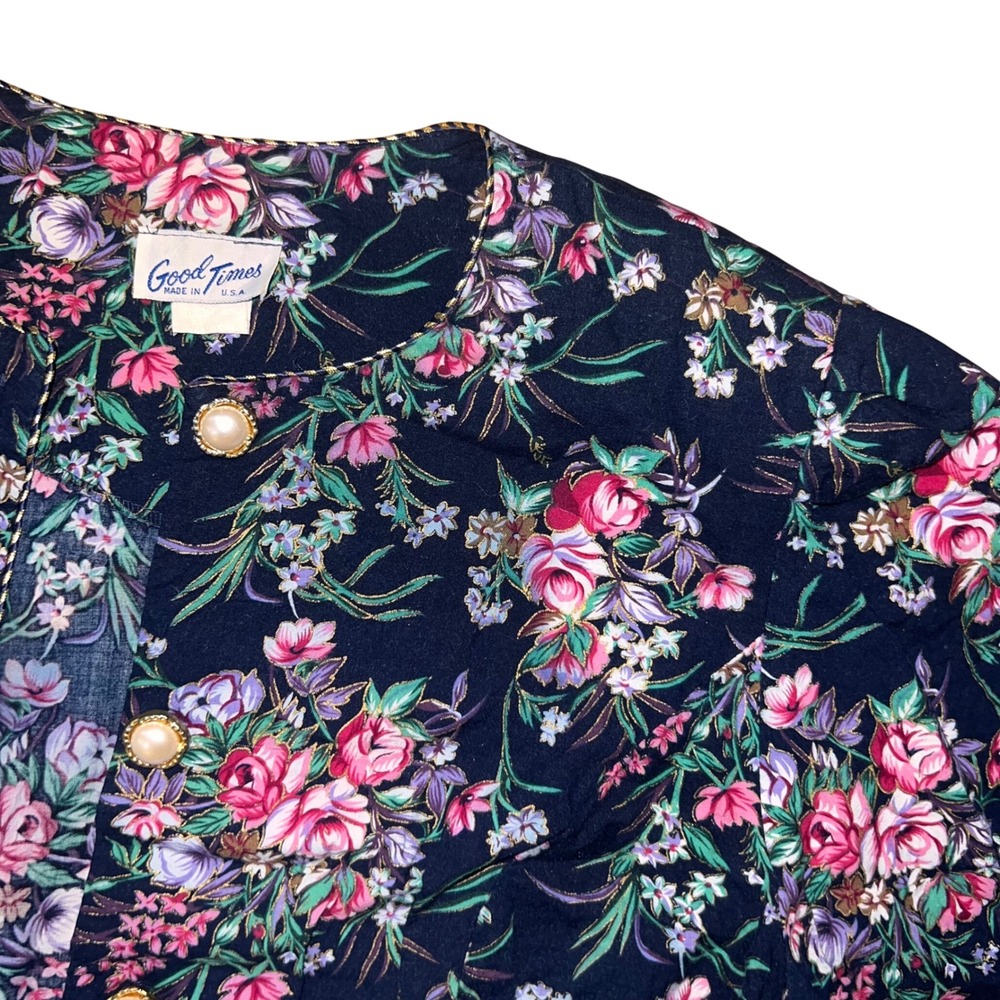 Vintage 80s 90s Good Times Navy Floral Skirt Set Pearl Buttons Size 14 USA - Picture 6 of 13